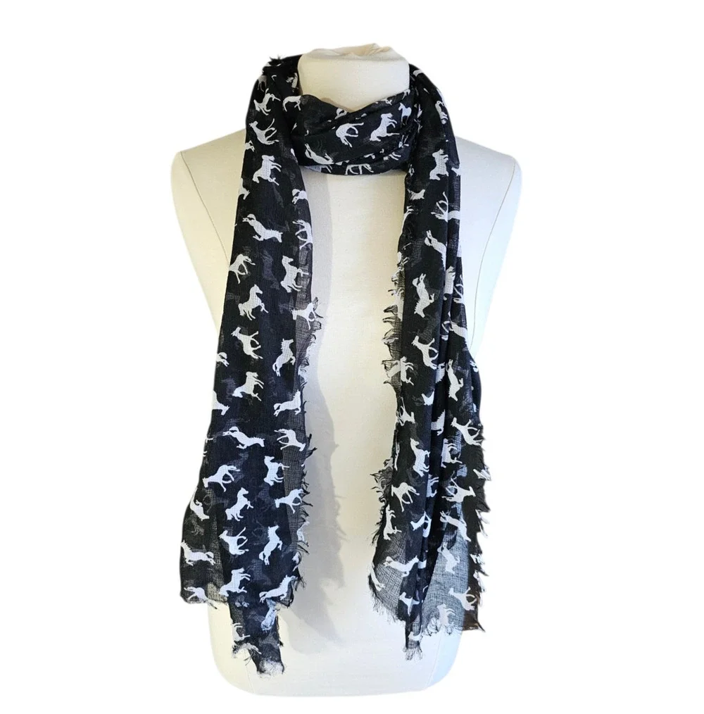 Lightweight Equestrian Scarf Black White Horse Design Raw Edge Cejon 76